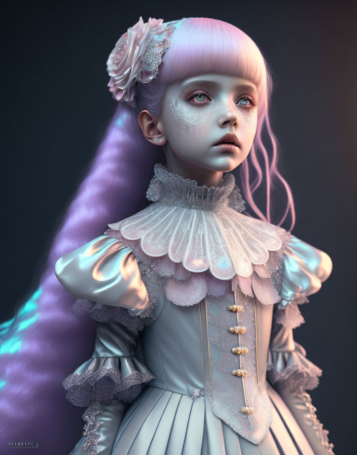 Digital artwork featuring girl with violet hair in pale blue Victorian dress