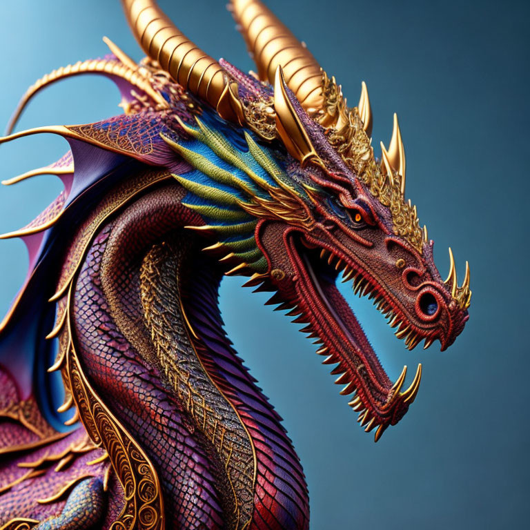 Detailed Dragon Artwork with Vibrant Colors and Golden Horns