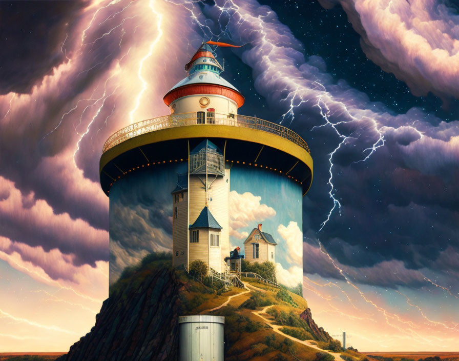 Surreal lighthouse painting with cliff scene under dramatic sky