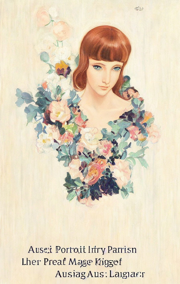 Woman with Long Auburn Hair Surrounded by Vibrant Flower Garland