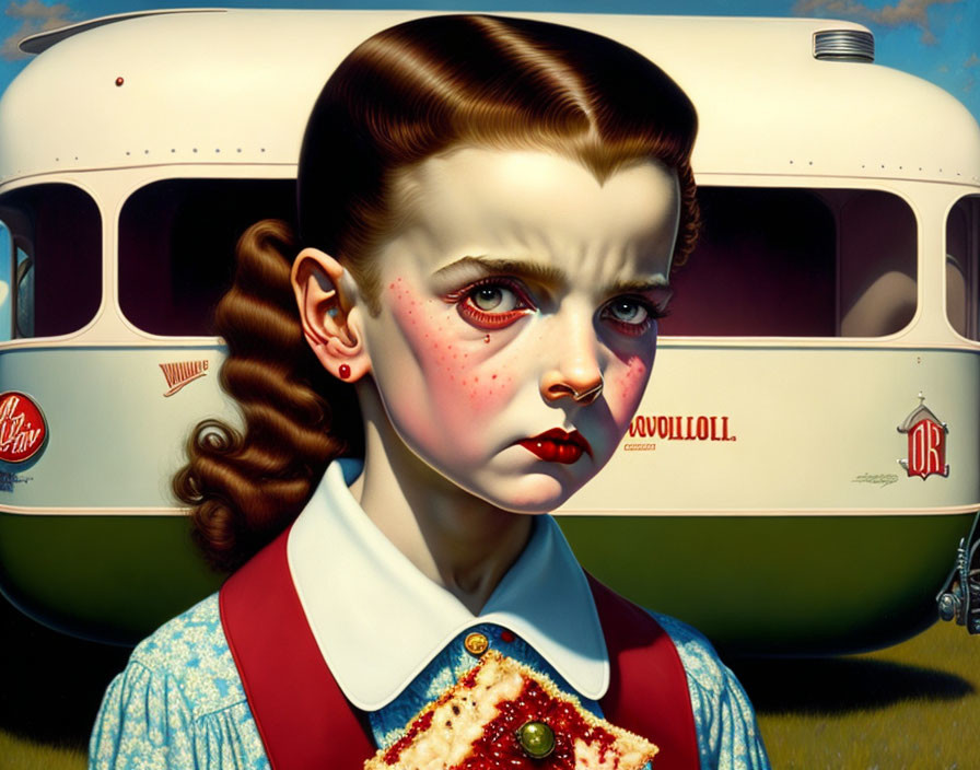Detailed painting: Young girl with braided hair and pie in front of vintage trailer