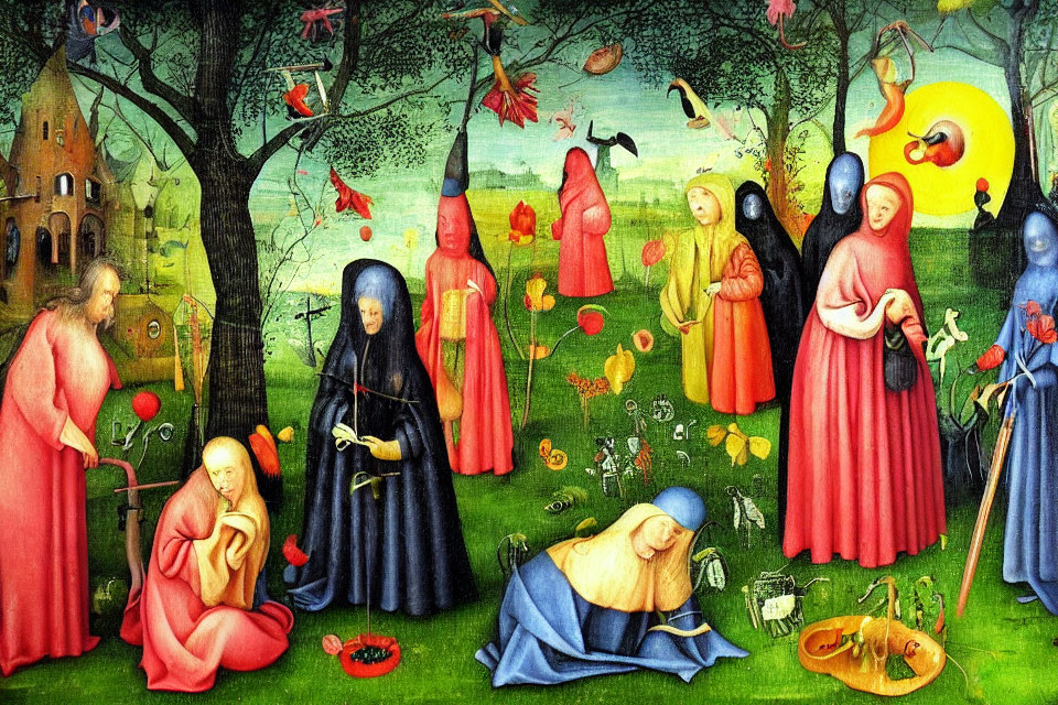 Vibrant medieval painting with robed figures, creatures, and symbols