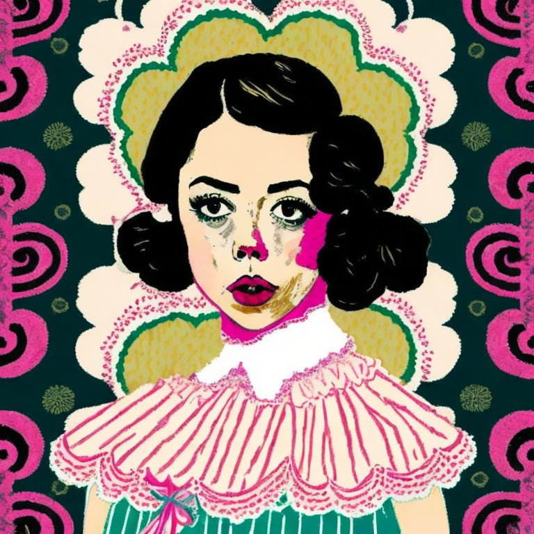 Vintage Style Girl Illustration with Dark Hair and Floral Background