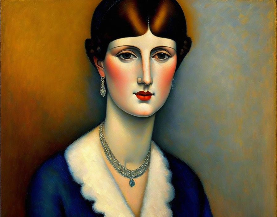 Vintage-style oil painting of a woman with red lips and pearl necklace on warm yellow backdrop
