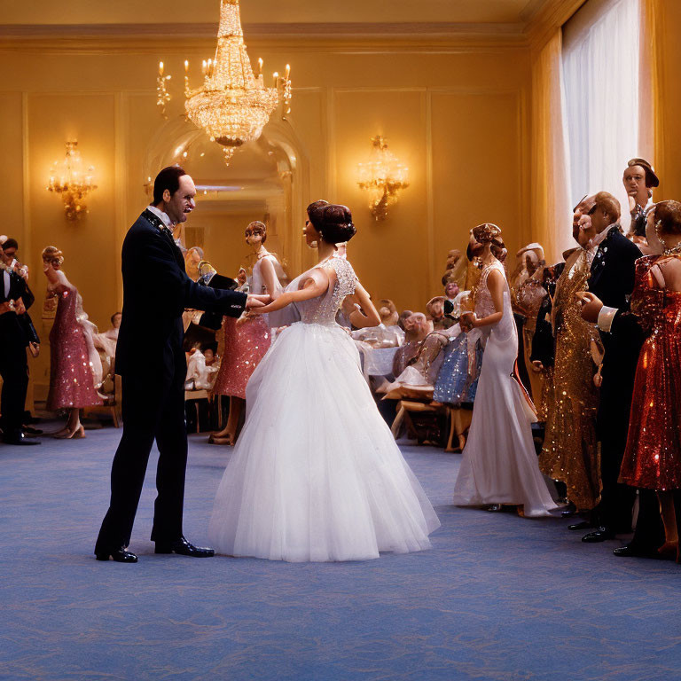 Elegant couple dancing in ballroom with onlookers and chandelier
