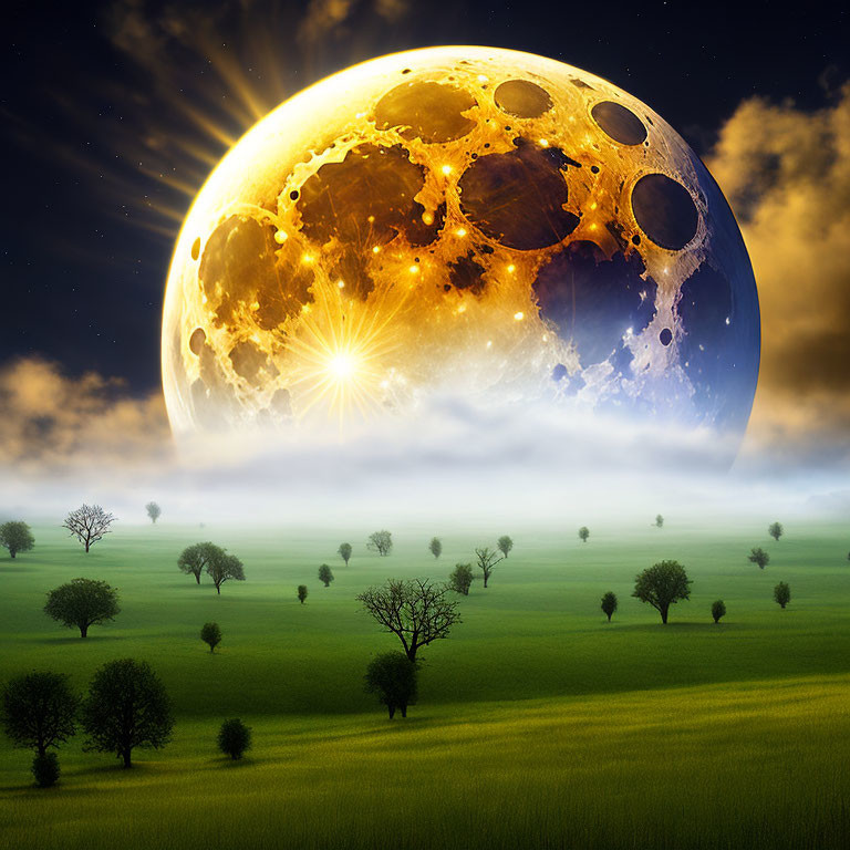 Surreal landscape with large moon, misty field, and sun peeking.