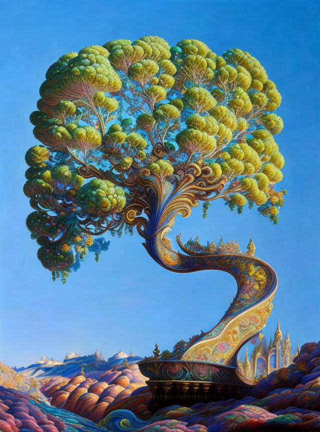Colorful painting of spiraling tree with cloud-like canopy and rolling hills