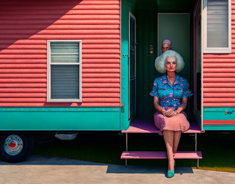 Vintage-dressed woman with purse sits on teal and pink RV step, another person in doorway