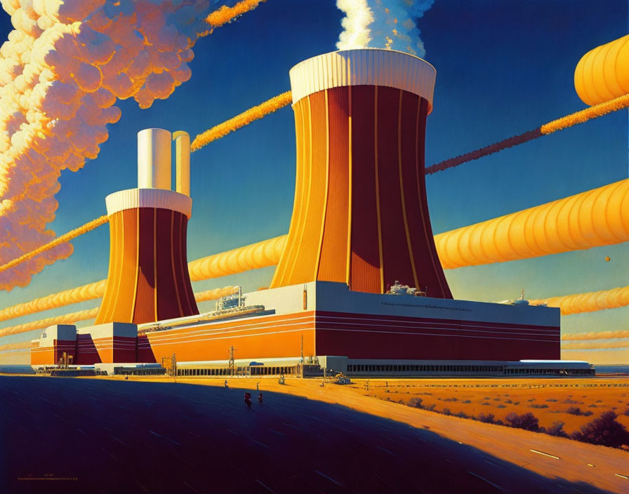Nuclear power plant with oversized cooling towers against blue sky