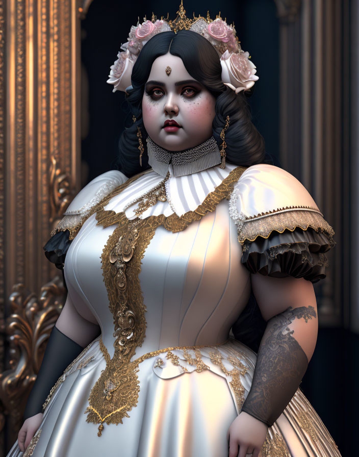 Victorian gown with gold accents on stern woman in 3D render