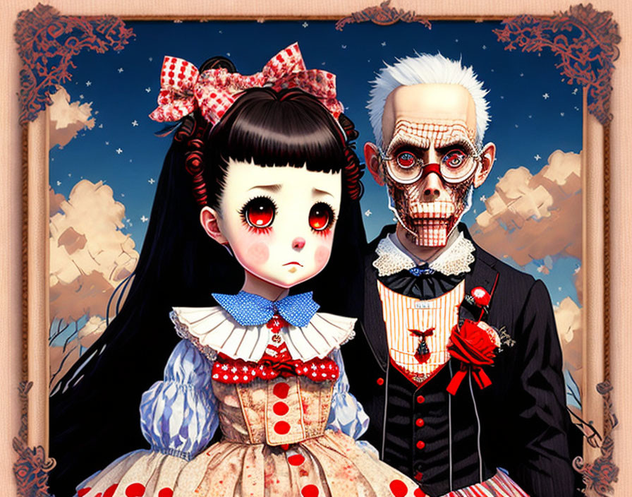 Artistic illustration of a girl with big, sad eyes and a skeleton-faced figure in a suit,