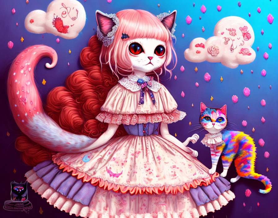 Anthropomorphic Cat Girl in Frilly Dress with Companion Cat on Whimsical Background