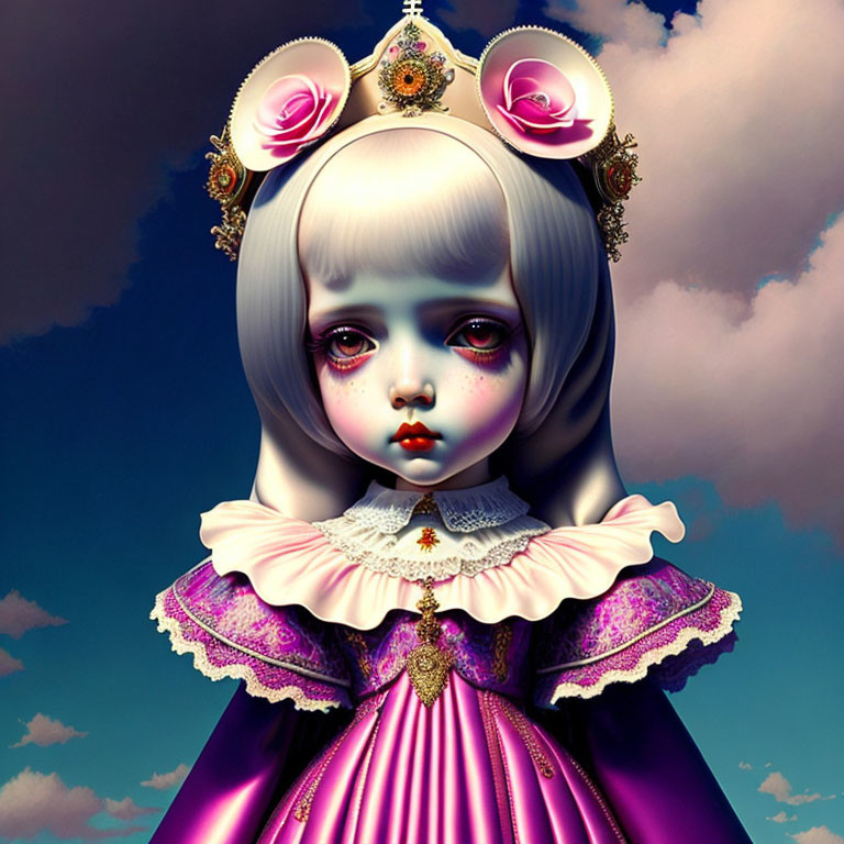 Surreal portrait of doll-like girl with large eyes and purple dress