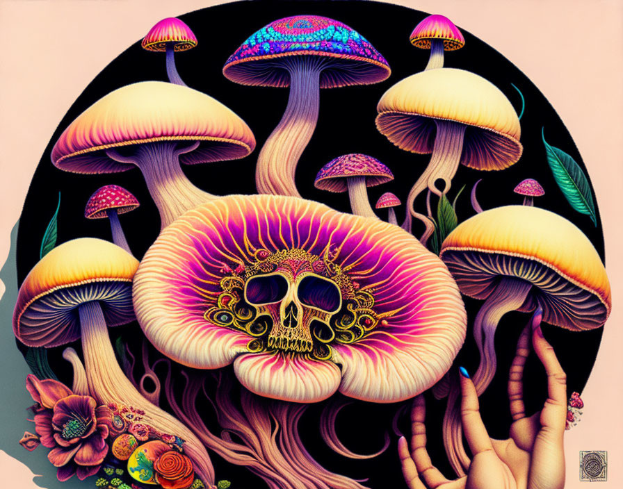Colorful Psychedelic Mushroom Illustration with Skull Motif and Flora
