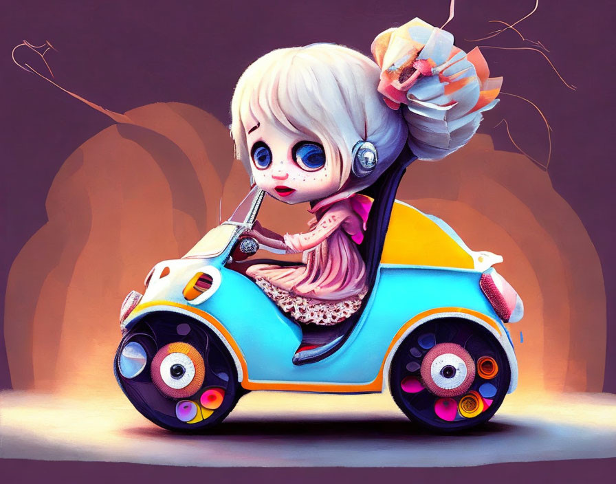 Whimsical big-eyed girl on colorful mini scooter illustration