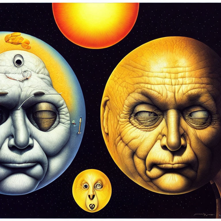 Surreal artwork: Three aged faces merged with planets in starry space
