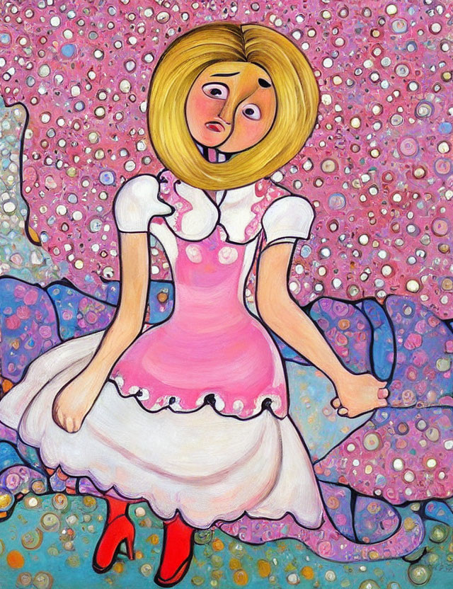 Colorful Whimsical Painting of Girl in Pink and White Dress