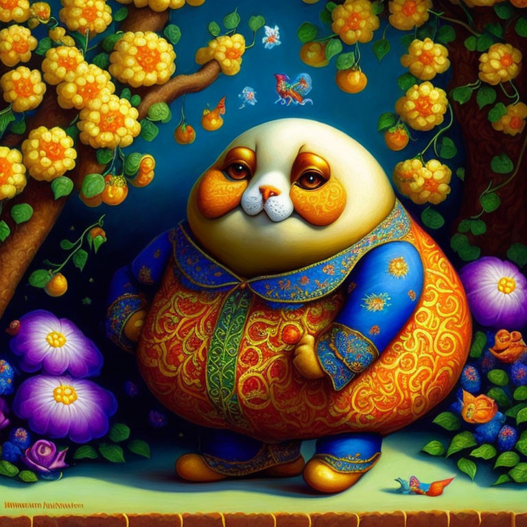 Whimsical plump cat in decorative clothing under fruit tree surrounded by flowers