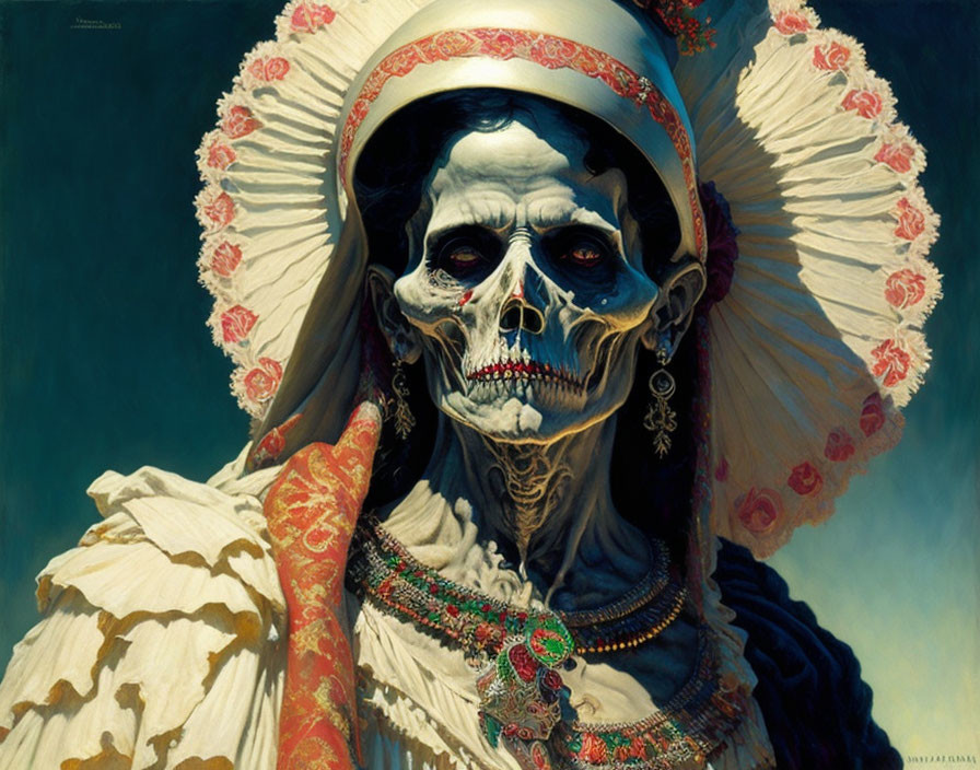 Skeleton in Traditional Mexican Dress with Day of the Dead Sugar Skull Face Paint