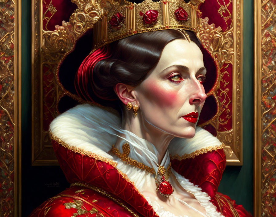 Regal woman in red and gold gown with fur trim and ornate crown