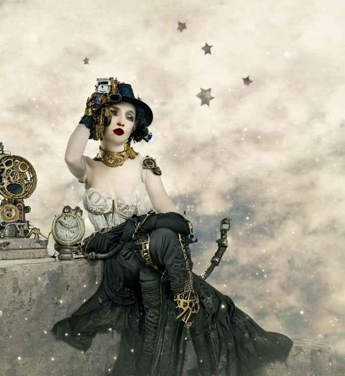 Steampunk woman with camera and vintage gadgets in starry setting