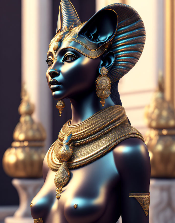 Detailed 3D rendering of ancient Egyptian queen with headdress and gold jewelry