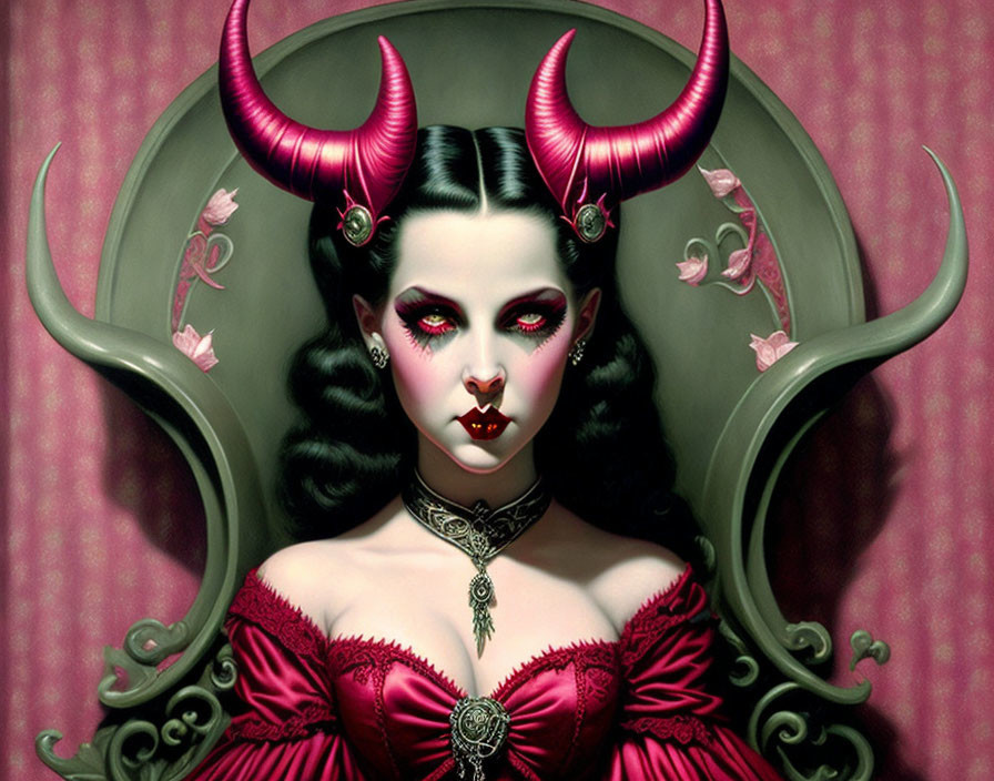 Gothic female figure with horns in red dress on pink backdrop