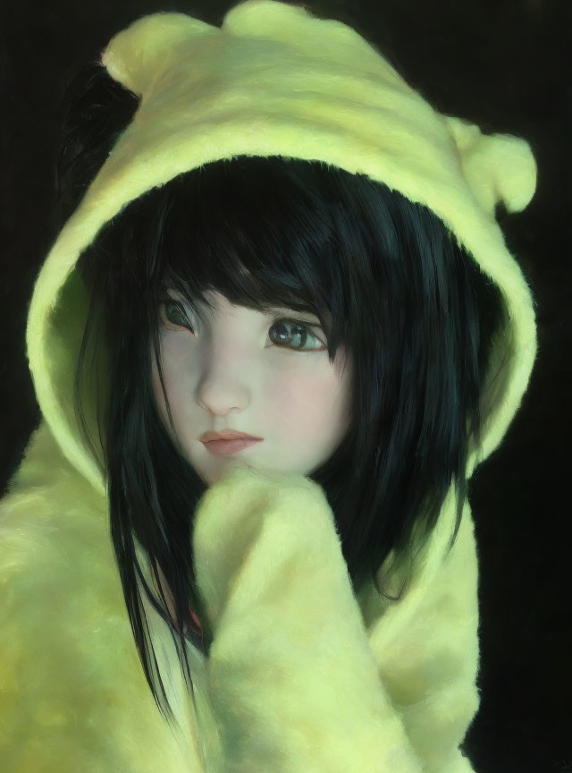 Digital painting of person in yellow hooded outfit with expressive eyes