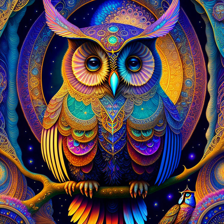 Colorful Digital Art: Stylized Owl with Psychedelic Palette