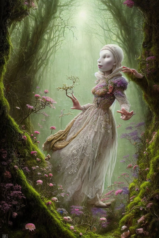 Ethereal woman in flowing dress with tree in enchanted forest