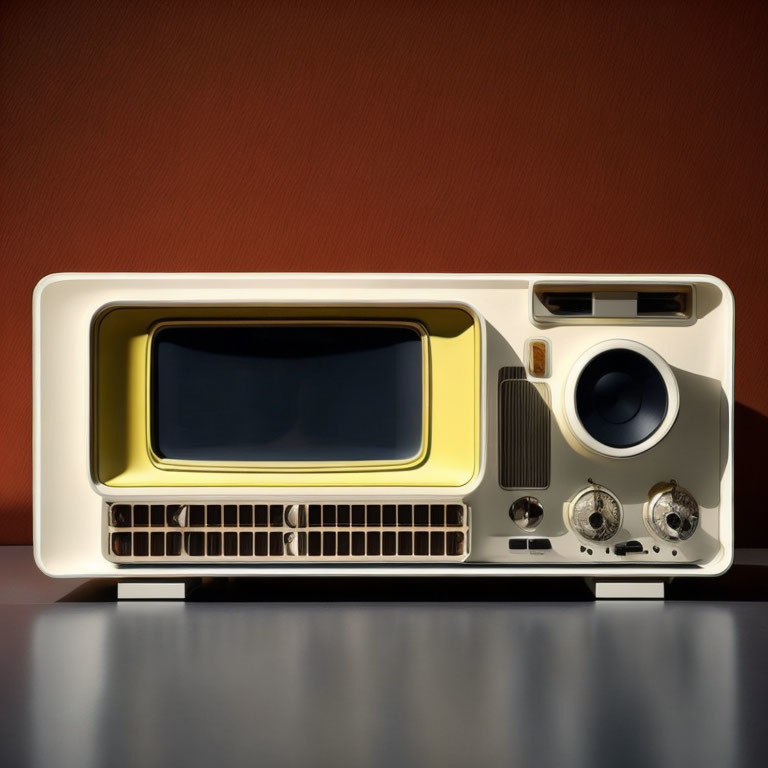 Vintage-Style Radio with Yellow Display, Silver Knobs, and Speaker on Brown Background