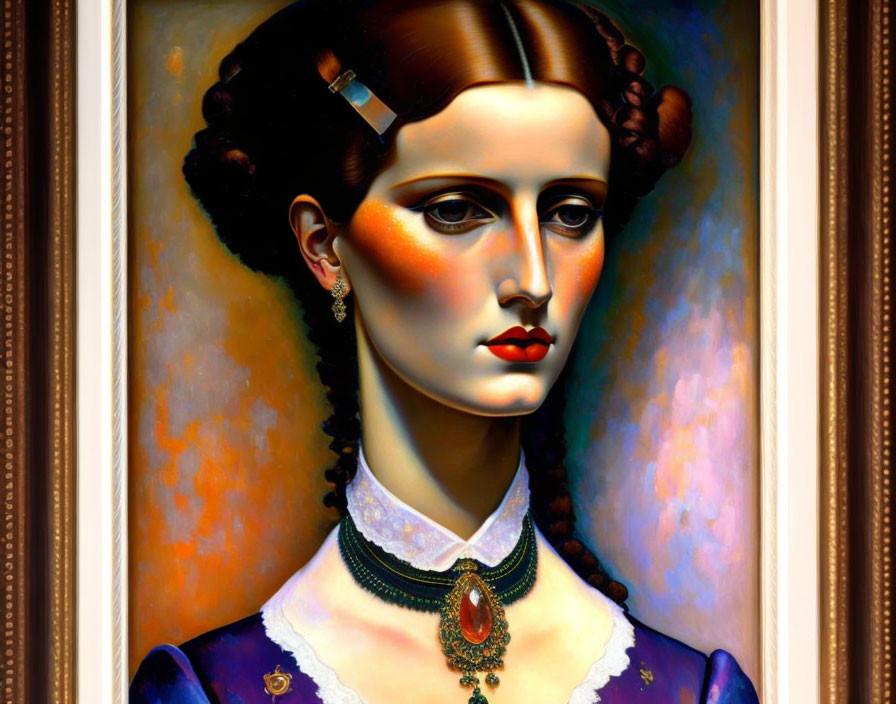 Portrait of Woman with Striking Features and Red Lips in Elaborate Necklace