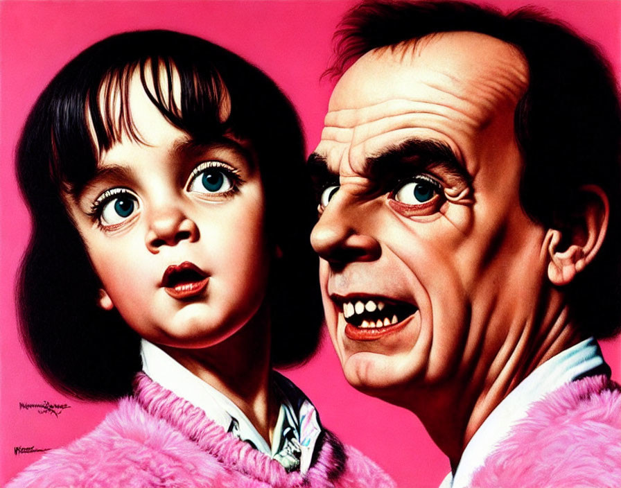 Stylized portrait of young girl and older man in pink attire