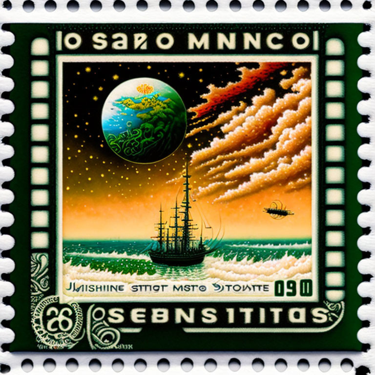 Colorful postage stamp with sailing ship, smaller boat, cosmic sky, planet, and star trail.