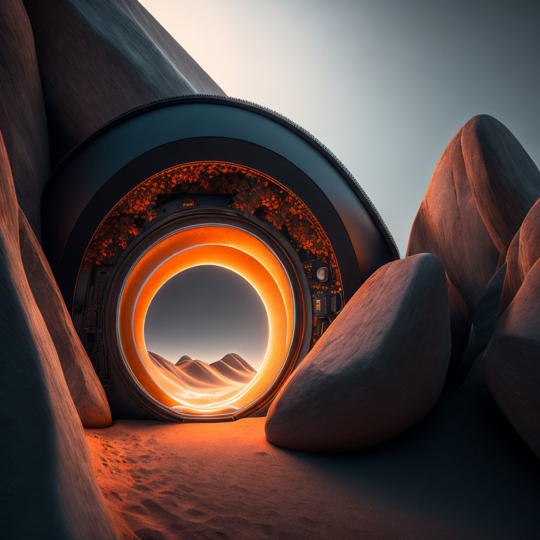 Circular glowing orange portal in desert rocks with floral interior under dusky sky