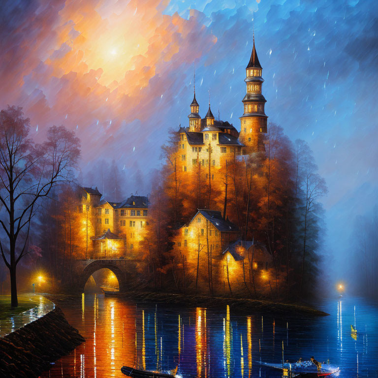 Majestic castle at dusk with towers, autumn trees, river, and boat
