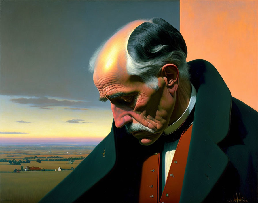 Portrait of Man with Receding Hairline and White Mustache in Rural Dusk Landscape