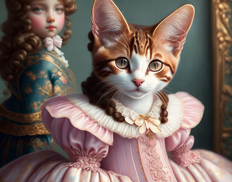 Whimsical artwork featuring cat and girl in elaborate Victorian attire