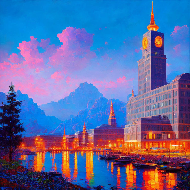 Cityscape at Dusk: Illuminated Buildings, Clock Tower, Mountain Silhouettes
