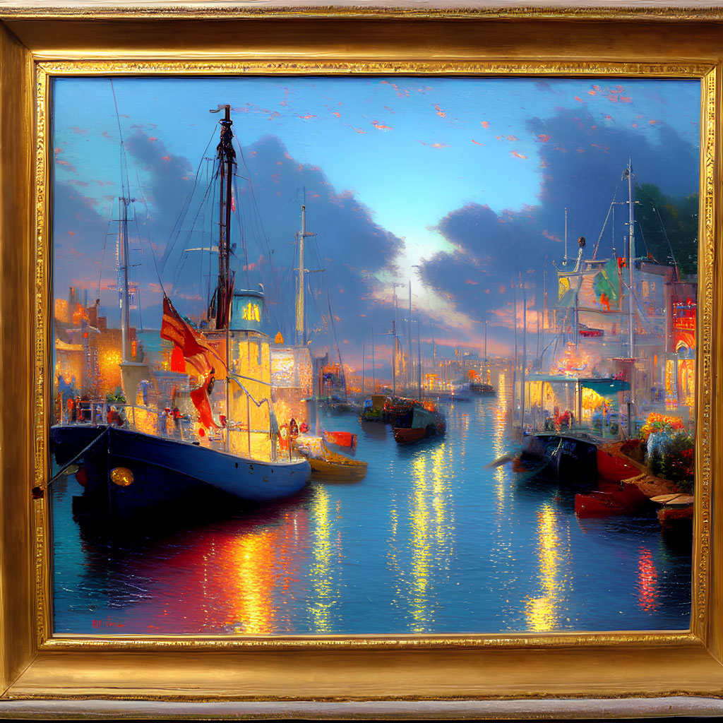 Twilight-lit harbor scene with boats and vibrant sky