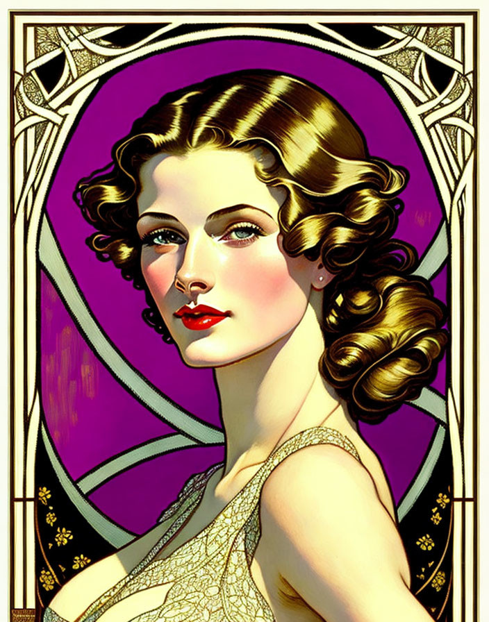 Art Nouveau Woman Illustration with Wavy Hair in Golden Frame