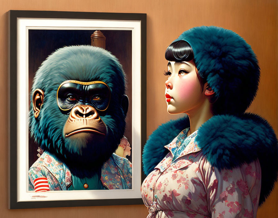 Stylized painting of girl with blue fur collar and gorilla portrait in shirt and glasses