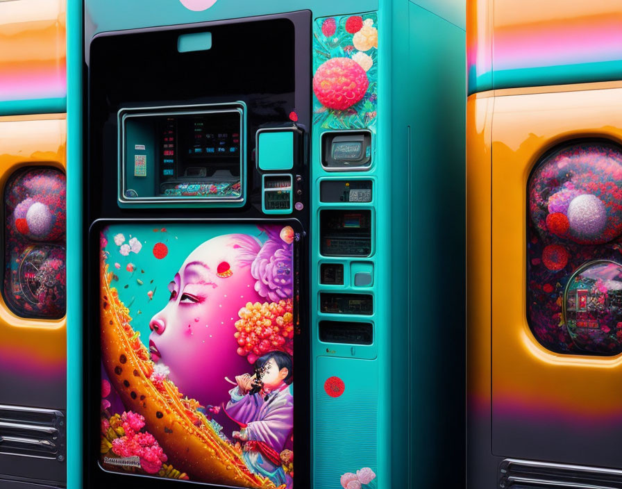 Colorful Vending Machine with Geisha and Floral Motifs