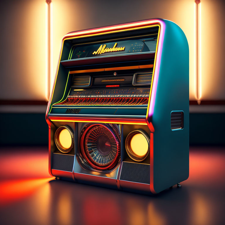 Colorful Retro-Style Jukebox with Neon Trims and Glowing Center Dial