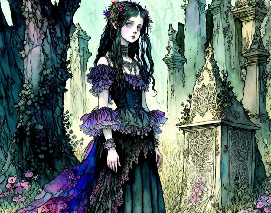 Gothic girl in ruffled dress with floral crown among tombstones and vibrant flora
