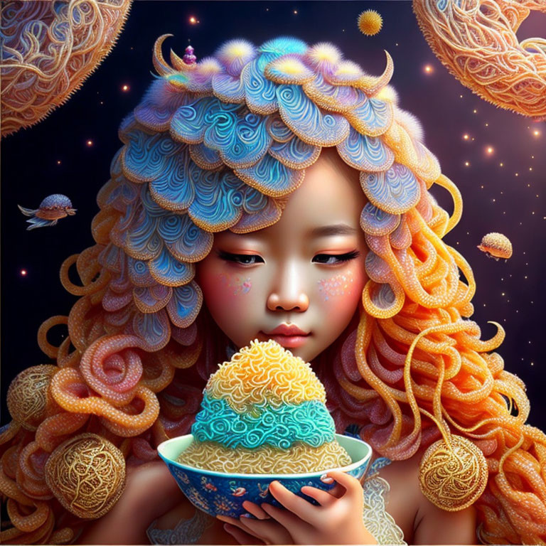 Colorful girl with coral-like hair holding bowl in deep-sea setting