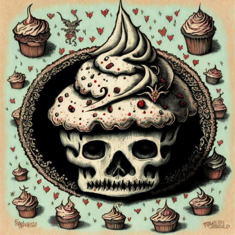 Whimsical skull-shaped frame with cupcake and fairy illustration