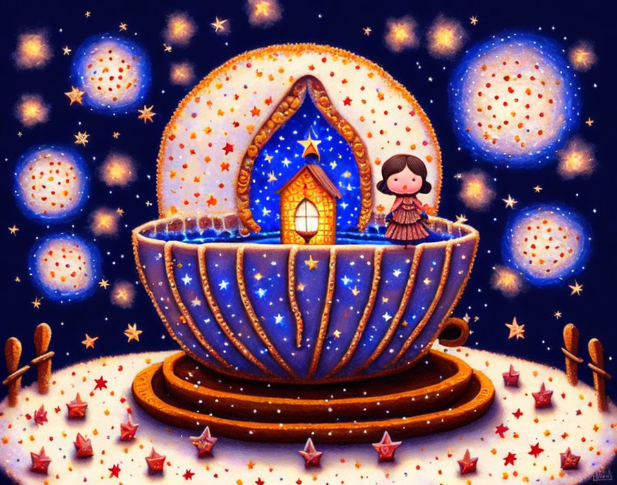 Whimsical girl in cup-shaped house under starry night sky