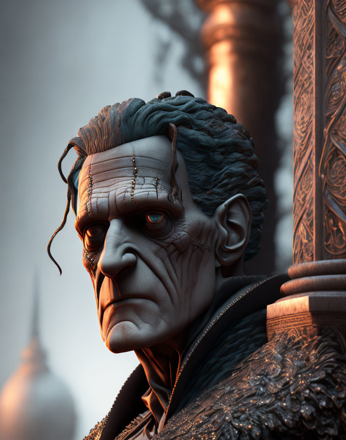 Detailed 3D rendering of Frankenstein-like character with facial stitches in moody setting
