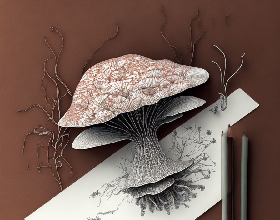 Detailed Mushroom Drawing with Elaborate Gill Patterns on Paper
